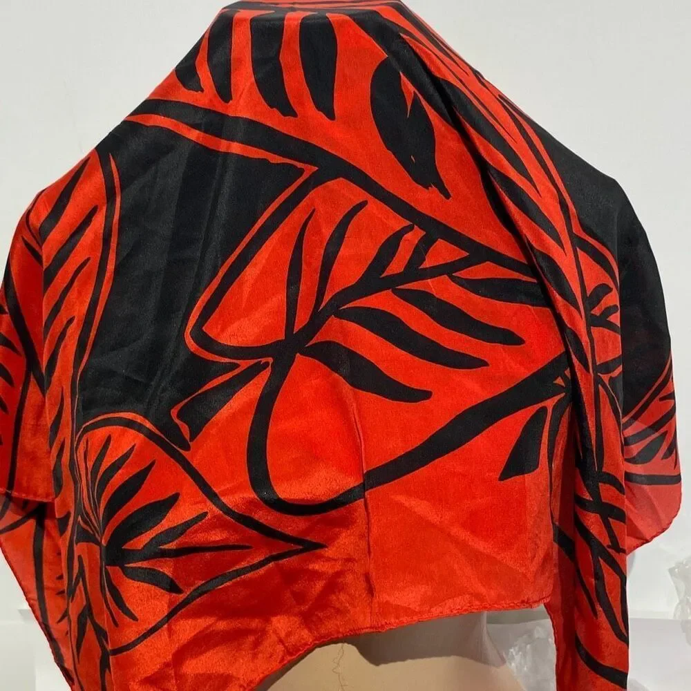 Liz Claiborne Women's Red Black Leaf Print Satin Square Scarf‎